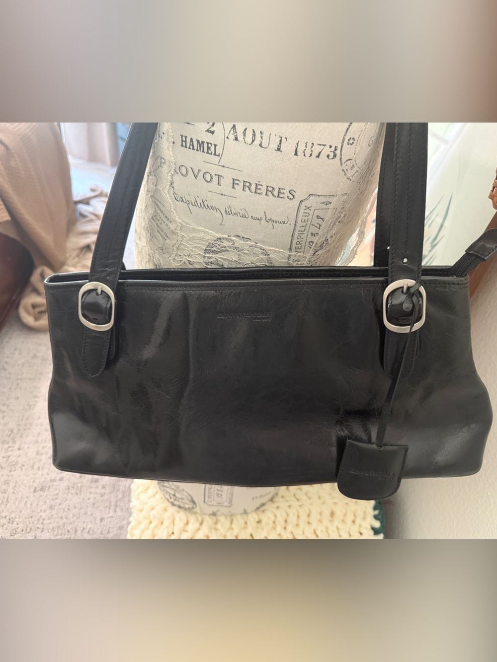 Kenneth Cole New York Black Leather Buckle Shoulder Bag